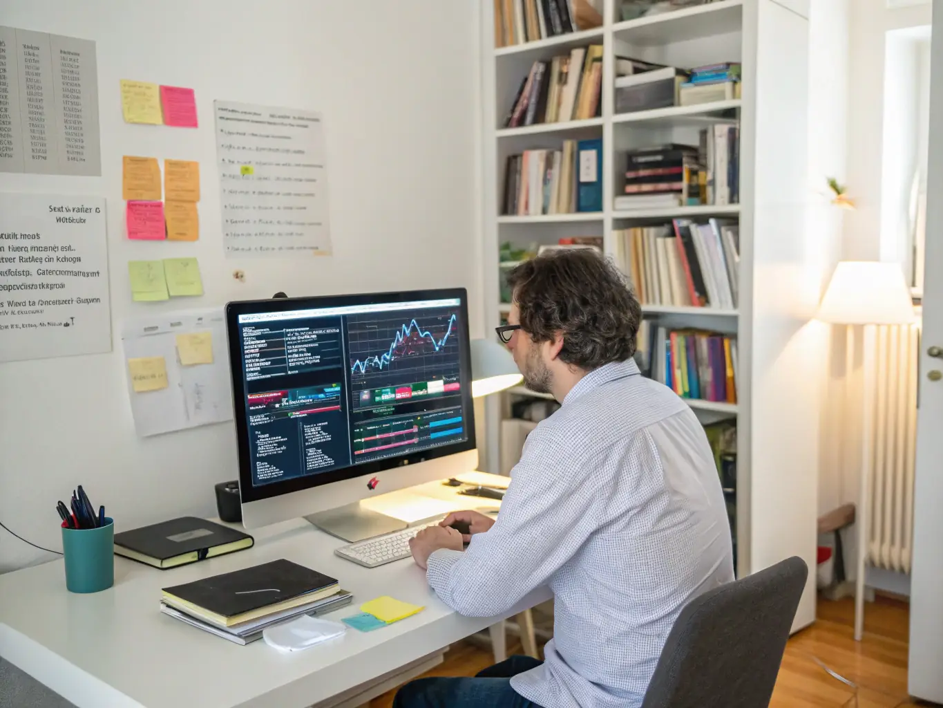 A visual of data charts, graphs, and a researcher analyzing market data on a computer screen, representing Market Analysis & Research.